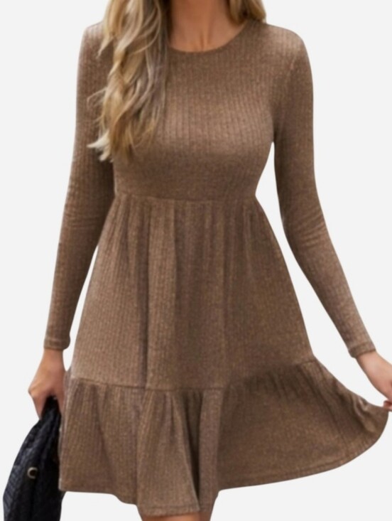 Cupshe Dresses & Skirts - Heathered Taupe, Mocha Brown Ribbed Long Sleeve Flounce Mini Dress BRAND NEW